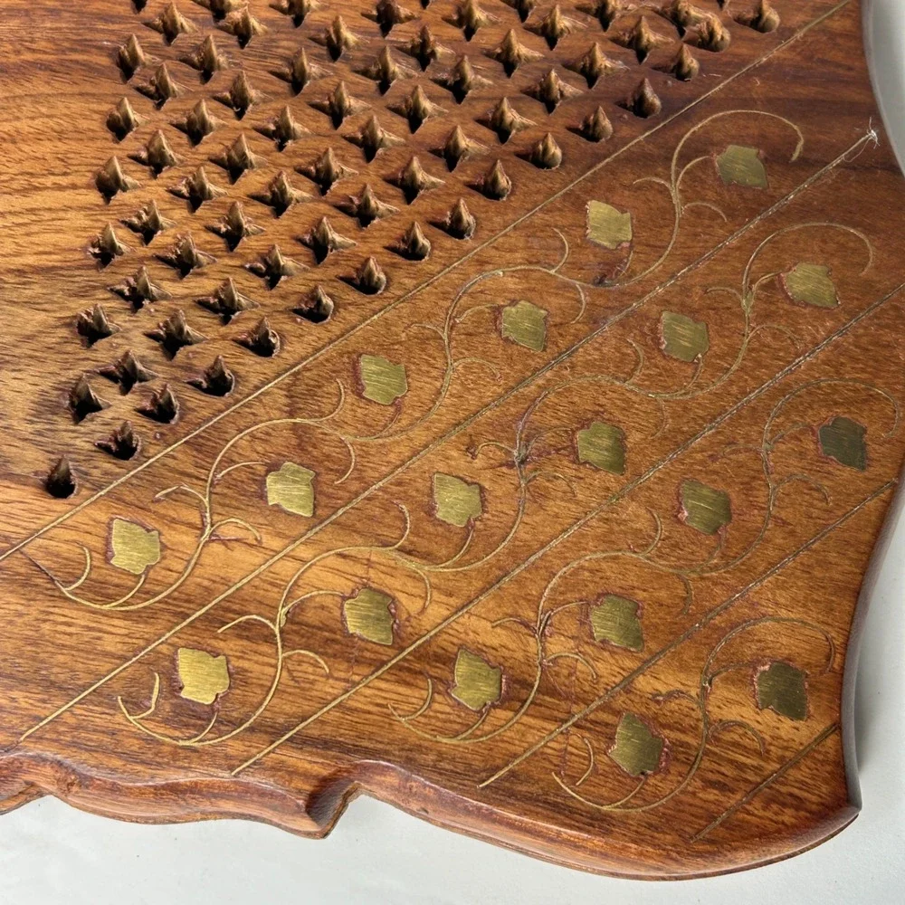 Vintage Hand Carved Wooden Folding Book Stand Rehal Brass Inlay 15 Inch Brown - Picture 5 of 6